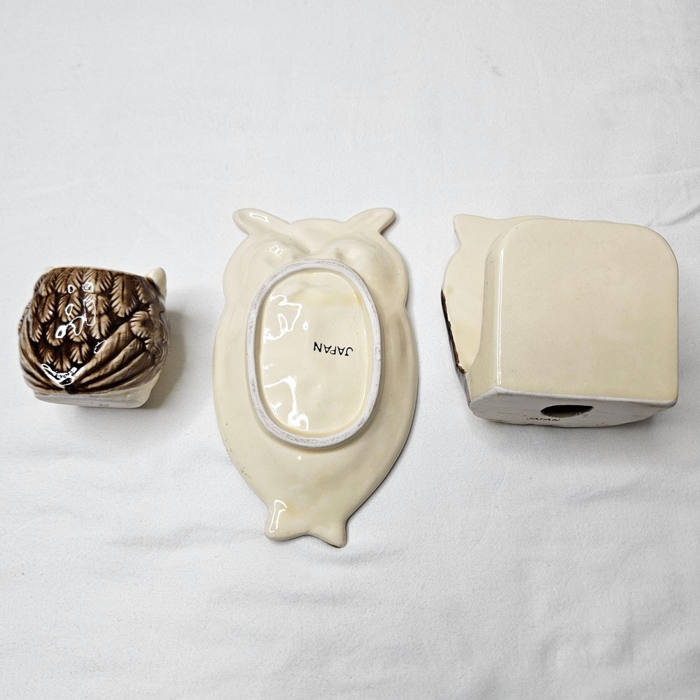 Vtg Ceramic Owl Set Japan Napkin Holder Spoon Rest Toothpick Holder‎ Brown Cream - Picture 6 of 10